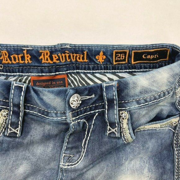 Rock Revival Xia Capri Jeans Distressed Stud Sequin Pockets Stretch Women 26 - Picture 7 of 12